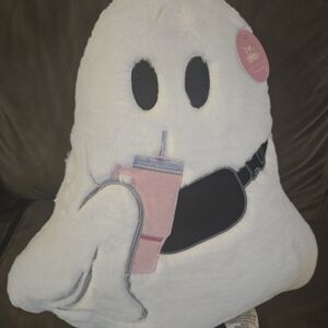 Halloween Ghost Plush Pillow with Pink Cup